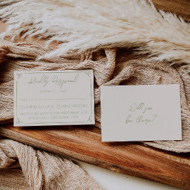 Retro Olive Green Hand Written Drawn Wedding RSVP Kaartje