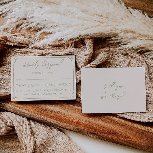 Retro Olive Green Hand Written Drawn Wedding RSVP Kaartje