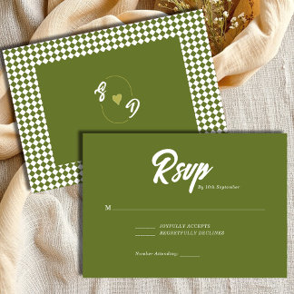 Retro Olive green Minimalist Checkered Wedding RSVP Kaartje