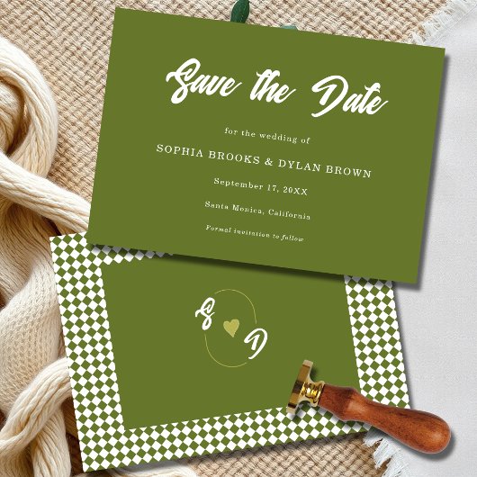 Retro Olive green Minimalist Checkered Wedding Save The Date