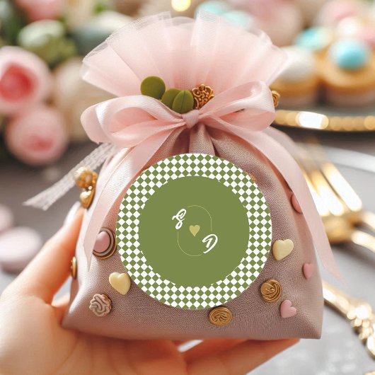 Retro Olive Green Monogram Initial Heart Wedding  Ronde Sticker