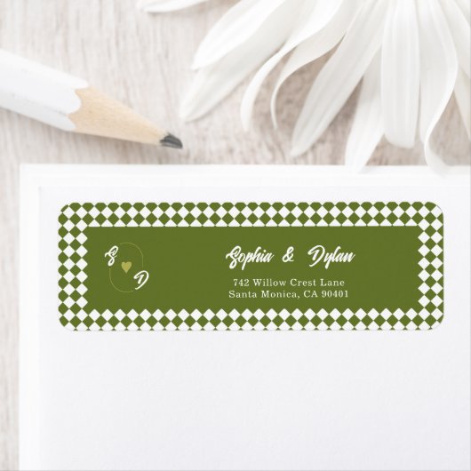 Retro Olive Green Monogram Initial Wedding Address Etiket (Insitu)