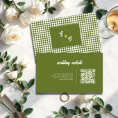 Retro Olive green QR code Checkered Wedding Informatiekaartje