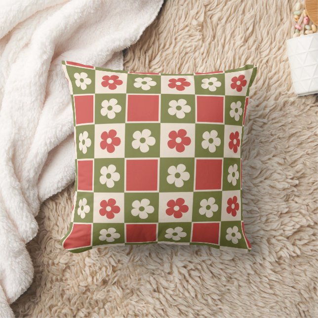 Retro Olive Green & Rust Daisy Checkerboard Kussen (Deken)