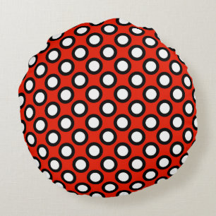 Retro omcirkelde stippen, rood, zwart en wit rond kussen
