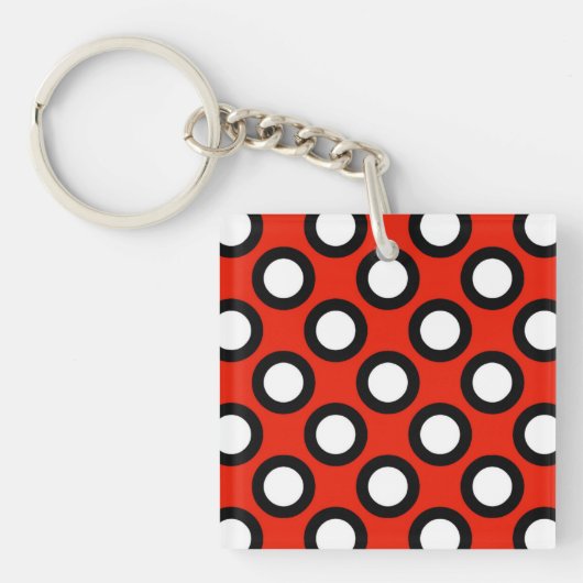 Retro omcirkelde stippen, rood, zwart en wit sleutelhanger (Voorkant)