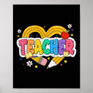 Retro Onderwijs Hart Potlood Kleurrijk Groovy Scho Poster