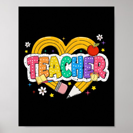 Retro Onderwijs Hart Potlood Kleurrijk Groovy Scho Poster (Voorkant)