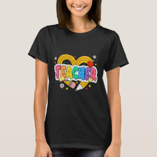 Retro Onderwijs Hart Potlood Kleurrijk Groovy Scho T-shirt