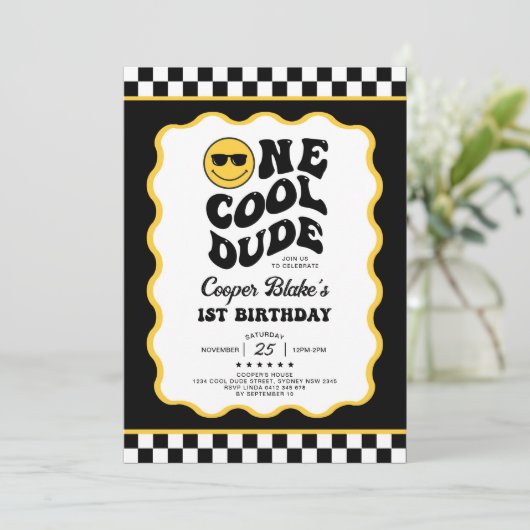 Retro One Cool Dude Boy 1e verjaardagsfeestje Kaart (Staand voorkant)