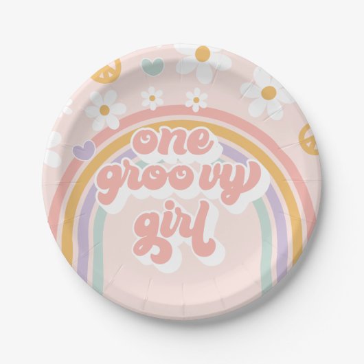 Retro One Groovy Girl Rainbow Birthday Papieren Bordje (Voorkant)