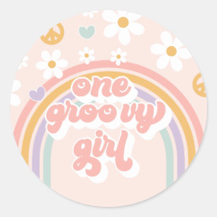 Retro One Groovy Girl Rainbow Birthday Ronde Sticker