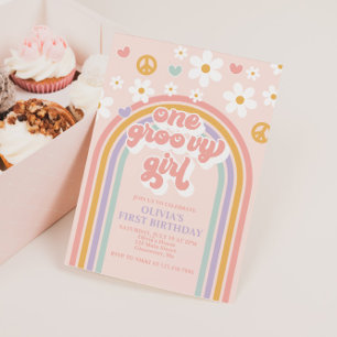 Retro One Groovy Girl Regenboog 1e Verjaardag Kaart