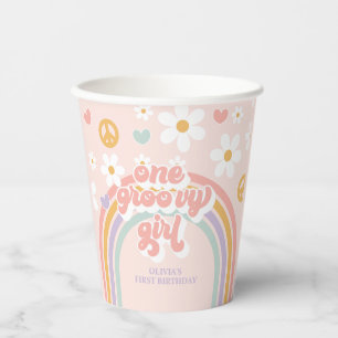 Retro One Groovy Girl Regenboog 1e Verjaardag Papieren Bekers
