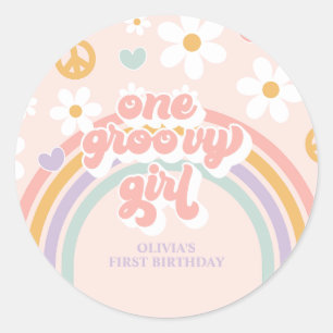 Retro One Groovy Girl Regenboog 1e Verjaardag Ronde Sticker