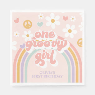 Retro One Groovy Girl Regenboog 1e Verjaardag Servet