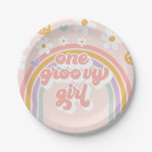 Retro One Groovy Girl Regenboog Verjaardag Papieren Bordje