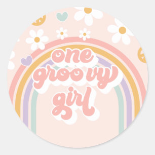 Retro One Groovy Girl Regenboog Verjaardag Ronde Sticker