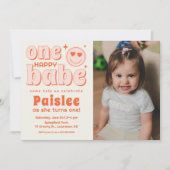 Retro One Happy Babe Photo First Birthday Kaart (Voorkant)