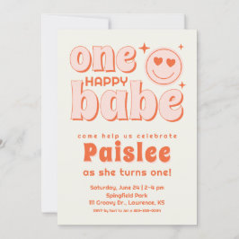 Retro One Happy Baby First Birthday Uitnodiging