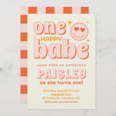Retro One Happy Baby First Birthday Uitnodiging (Voorkant / Achterkant)