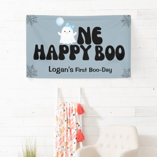 Retro One Happy Boo Boy 1e verjaardagsfeestje Spandoek (Insitu)