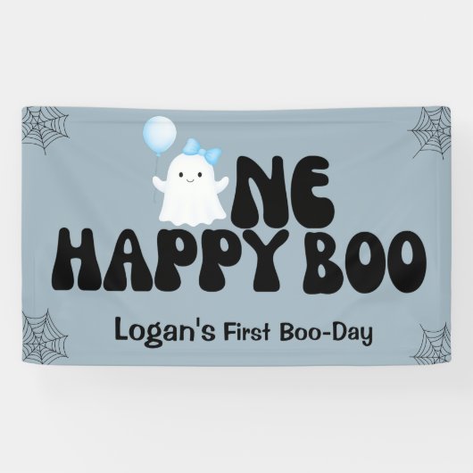 Retro One Happy Boo Boy 1e verjaardagsfeestje Spandoek (Horizontaal)