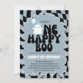 Retro One Happy Boo Boy 1st Birthday Photo Party Kaart (Voorkant)