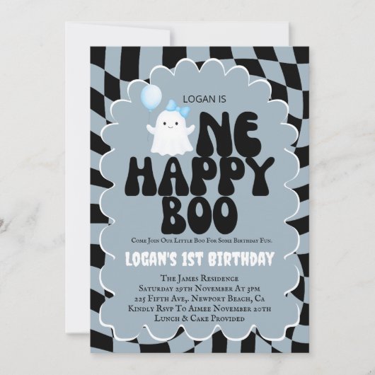 Retro One Happy Boo Boy 1st Birthday Photo Party Kaart (Voorkant)