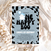Retro One Happy Boo Boy 1st Birthday Photo Party Kaart
