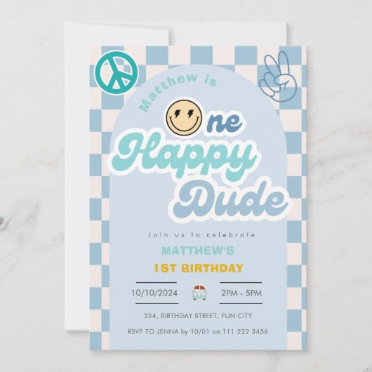 Retro One Happy Dude Groovy Boy 1e eerste verjaard Kaart (Voorkant)