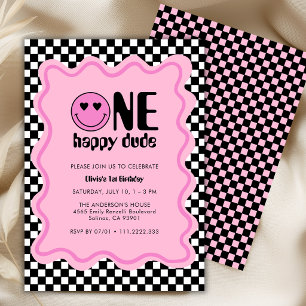 Retro One Happy Dude Roze Meisje 1e Verjaardagsfee Kaart