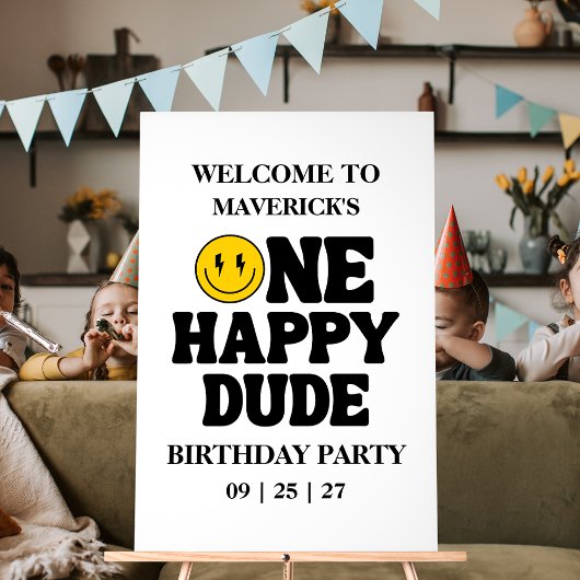 Retro One Happy Dude Smile Face Boy 1st Birthday Acryl Bord