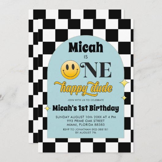 Retro One Happy Dude Verjaardag uitnodiging (Voorkant / Achterkant)
