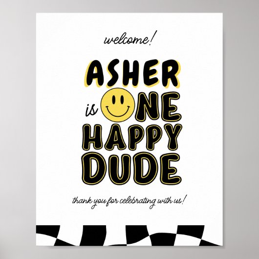 Retro One Happy Man First Birthday Welcome Sign Poster (Voorkant)