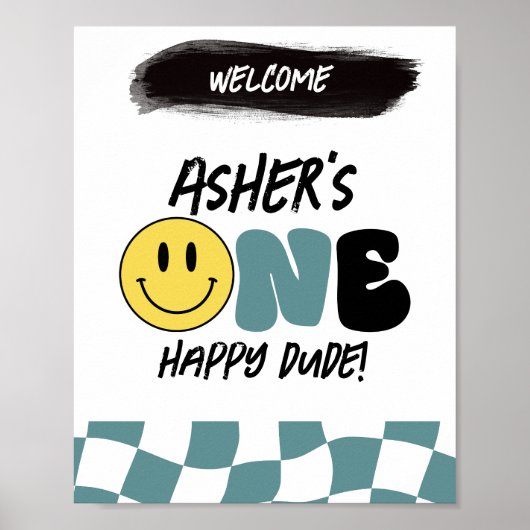 Retro One Happy Man First Birthday Welcome Sign Poster (Voorkant)
