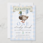 Retro One Lucky Duck 1st Birthday Blue Gingham Kaart (Voorkant)