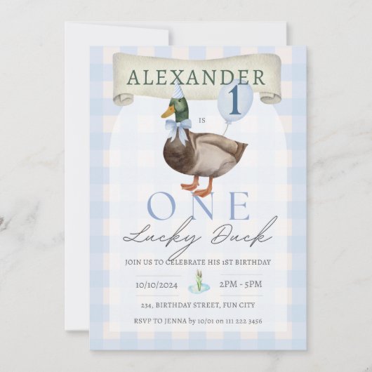 Retro One Lucky Duck 1st Birthday Blue Gingham Kaart (Voorkant)