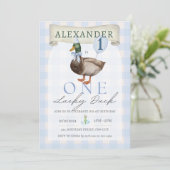 Retro One Lucky Duck 1st Birthday Blue Gingham Kaart (Staand voorkant)