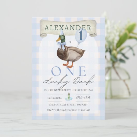 Retro One Lucky Duck 1st Birthday Blue Gingham Kaart (Staand voorkant)
