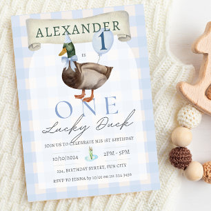 Retro One Lucky Duck 1st Birthday Blue Gingham Kaart