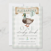 Retro One Lucky Duck 1st Birthday Green Gingham Kaart (Voorkant)