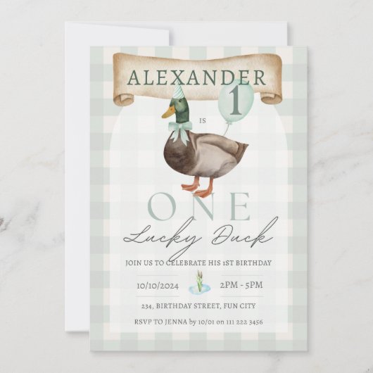 Retro One Lucky Duck 1st Birthday Green Gingham Kaart (Voorkant)
