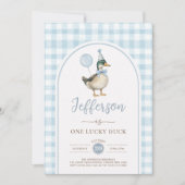 Retro One Lucky Duck Blue Balloon Boy 1e verjaarda Kaart (Voorkant)