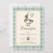 Retro One Lucky Duck Green Balloon 1e verjaardag Kaart (Voorkant)