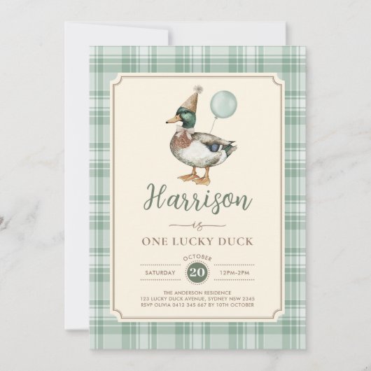 Retro One Lucky Duck Green Balloon 1e verjaardag Kaart (Voorkant)