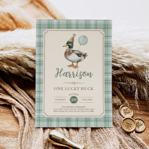 Retro One Lucky Duck Green Balloon 1e verjaardag Kaart