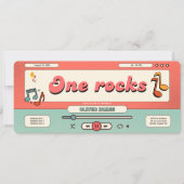 Retro one rocks, muziekspeler 1e verjaardag kaart (Voorkant)