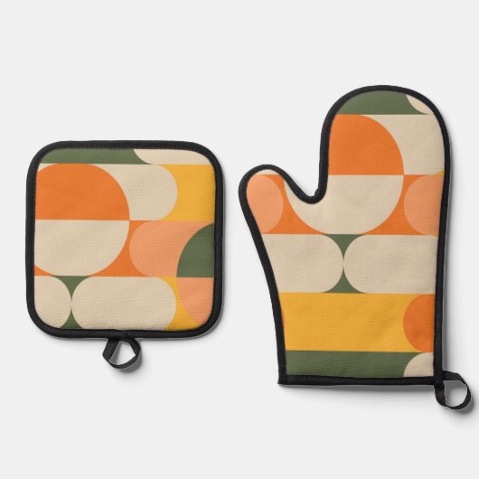 Retro Ontwerp Patroon Groene Oranje Kleur Ovenwant & Pannenlap Set (Voorkant)