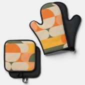 Retro Ontwerp Patroon Groene Oranje Kleur Ovenwant & Pannenlap Set (Voorkant / Achterkant)